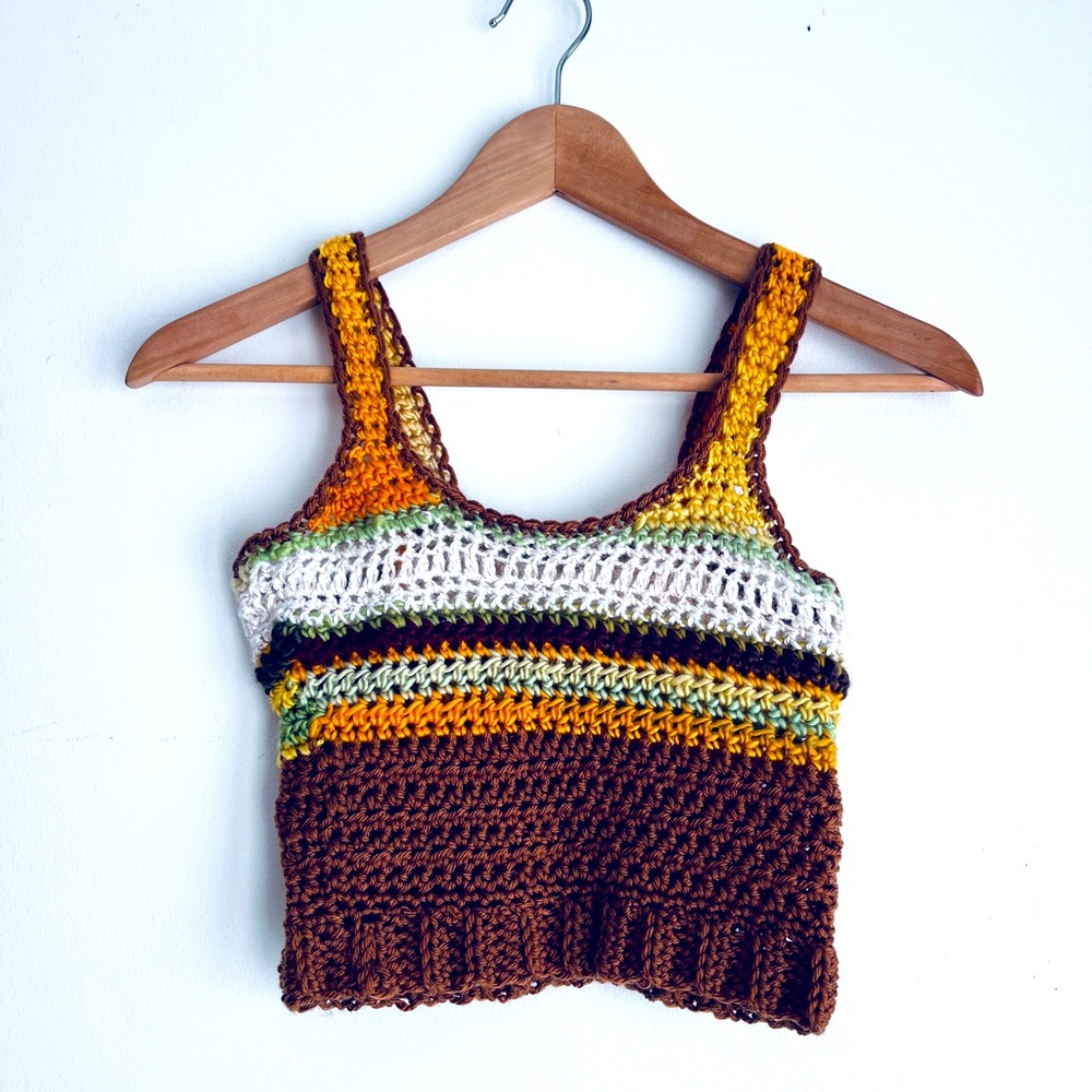 Crop top crochet brown yellow striped handmade summer crochet top boho chic crop